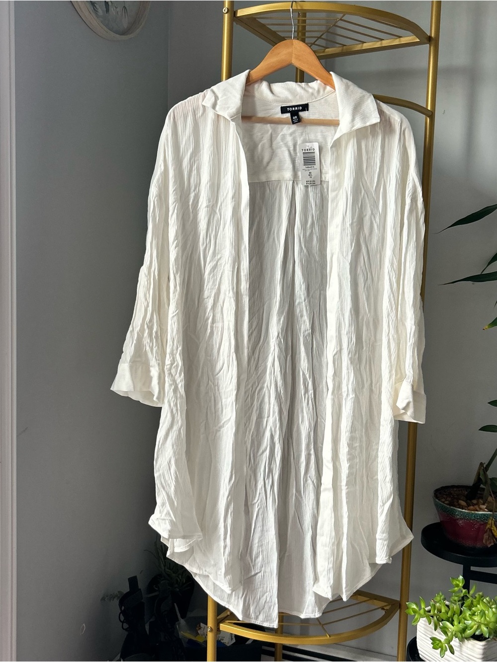 torrid white collared coastal minimalist boho gauze shirt kimono size 00 (M)